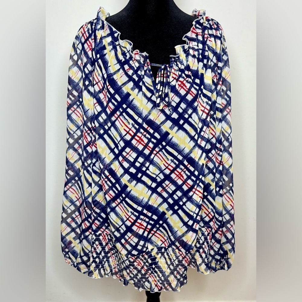 Lane Bryant sheer plaid blouse Long sleeves ruffle neckline size 18-20 EUC